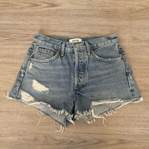 agolde medium blue high waisted rise distressed ripped denim jeans shorts bottom
